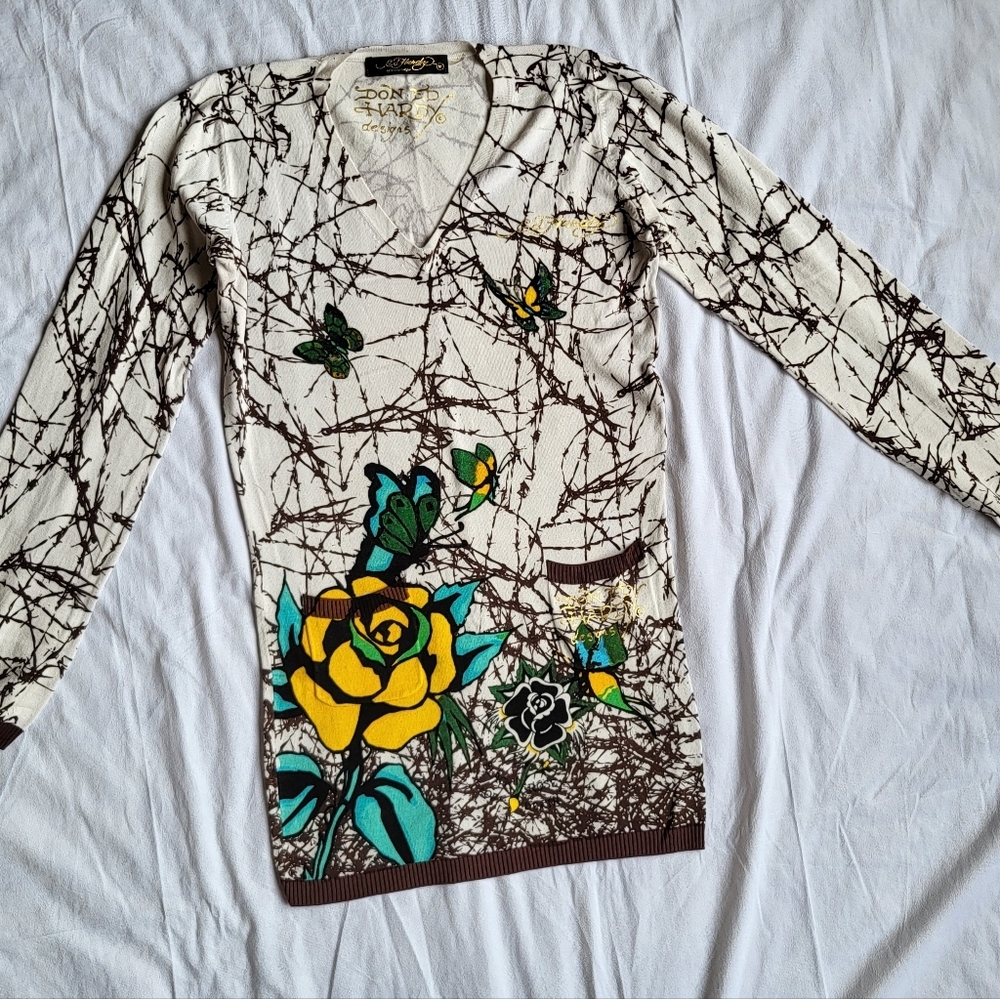 Ed Hardy By Christian Audigier V Neck Sweater Mini Dress/ Tunic